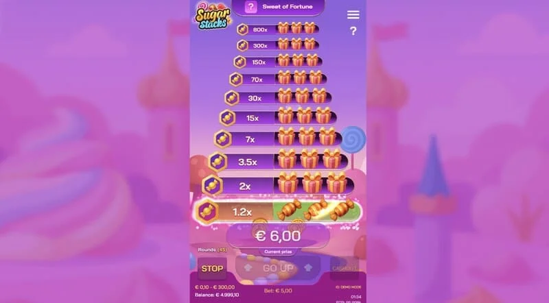 Sugar Stacks - passo vincente con evidenziazione del piano corrente e contatore del moltiplicatore